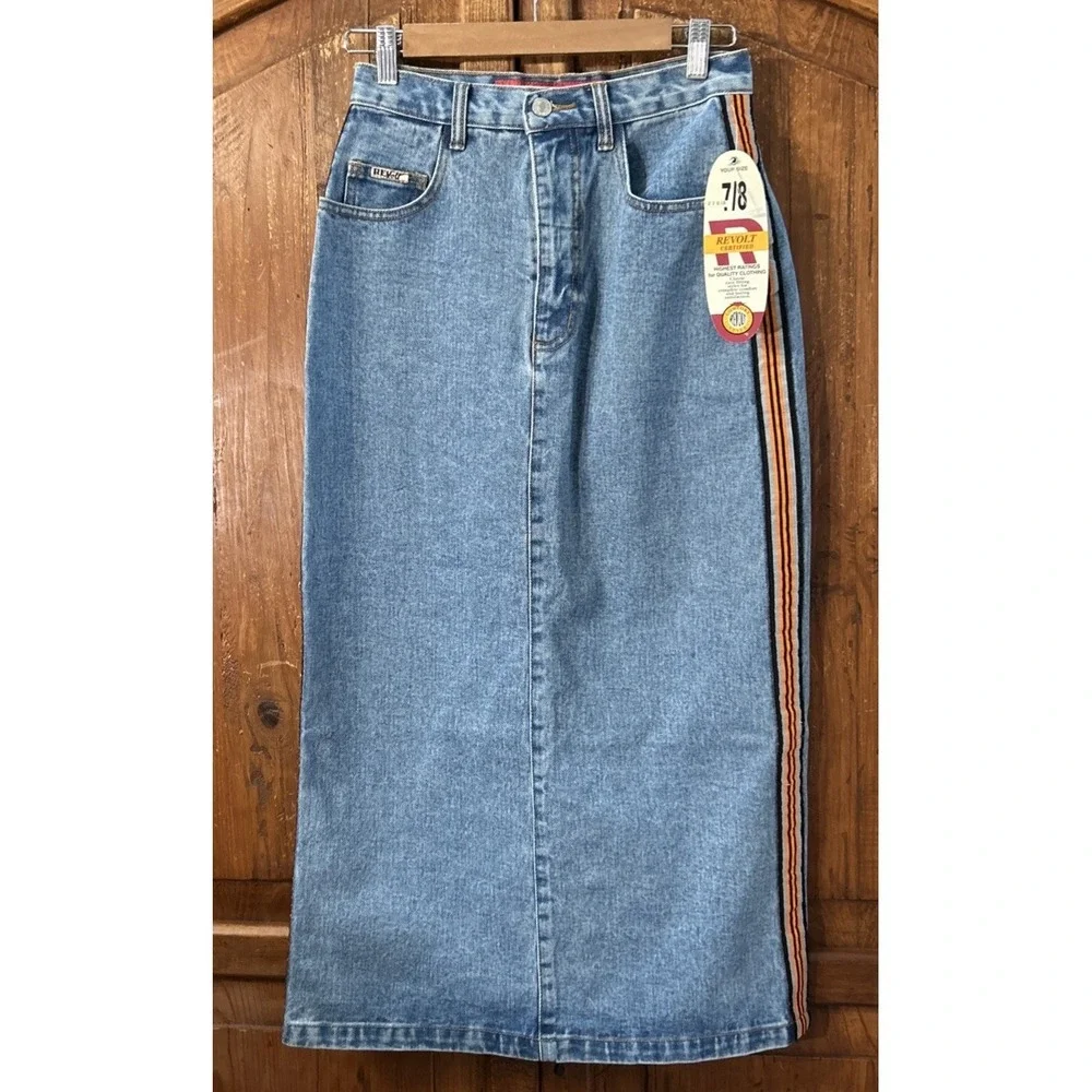 VTG NOS Women's Y2K Revolt Jean‎ Maxi Skirt NWT Sz 7/8 Hong Kong Denim NEW 90's
